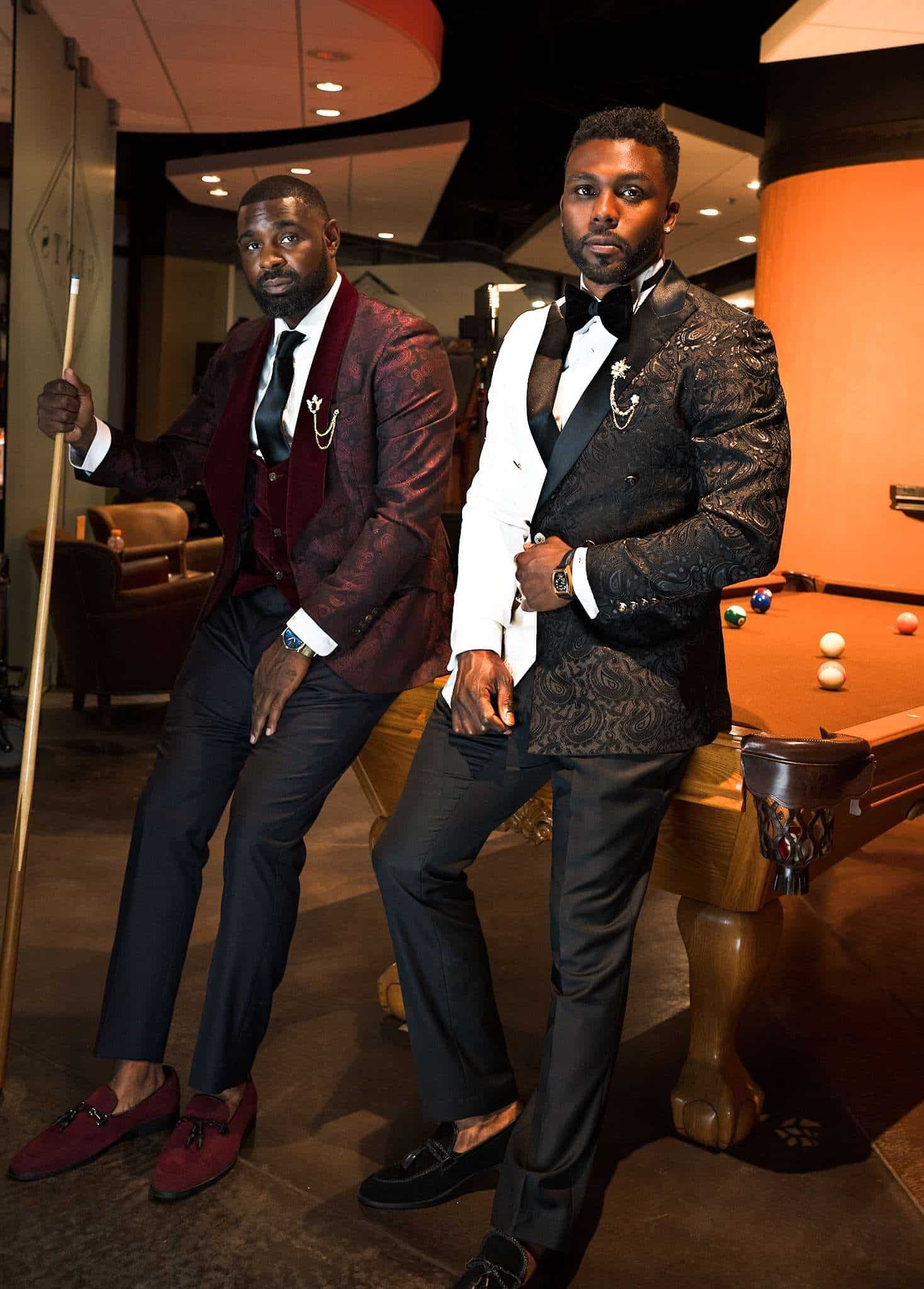 2 men leaning up against a pool table in Sean M Horton Atelier custom tuxedos