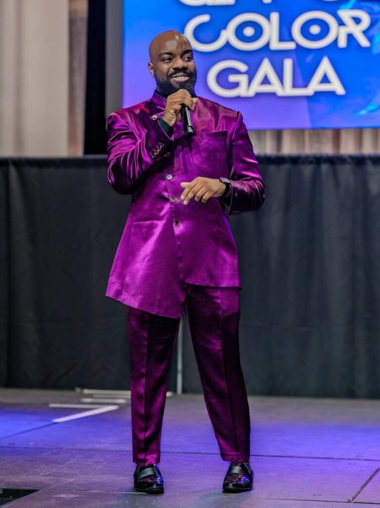 Brandon Calloway wearing a custom purple silk suit by Sean M Horton Atelier. Custom Suits Kansas City