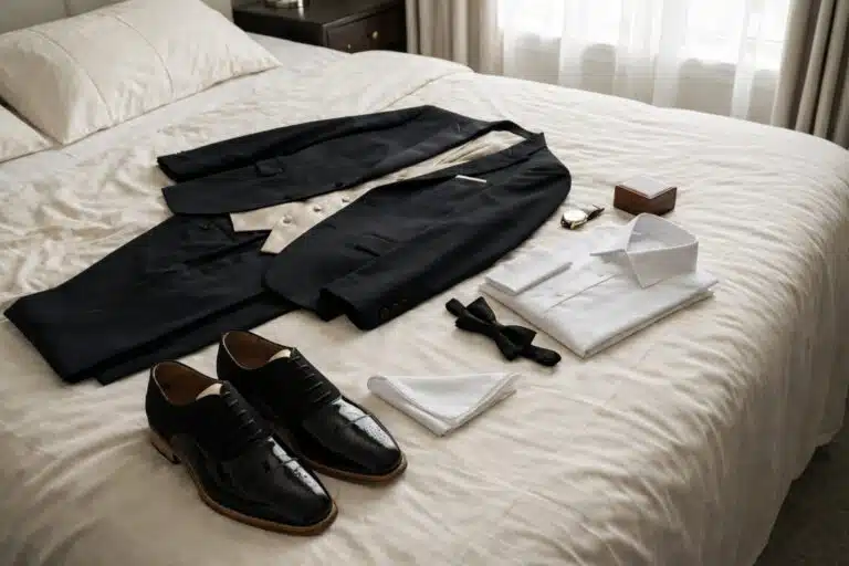 photo of a 3 piece tuxedo, shoes and accessories laying on a bed,