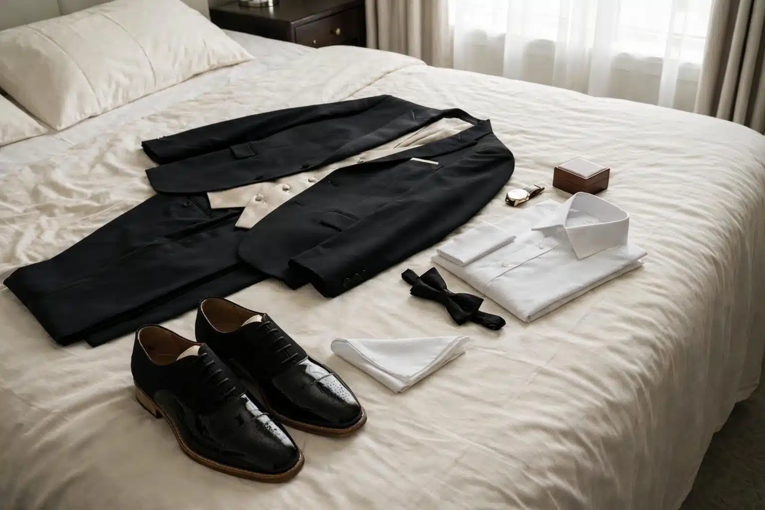 photo of a 3 piece tuxedo, shoes and accessories laying on a bed,